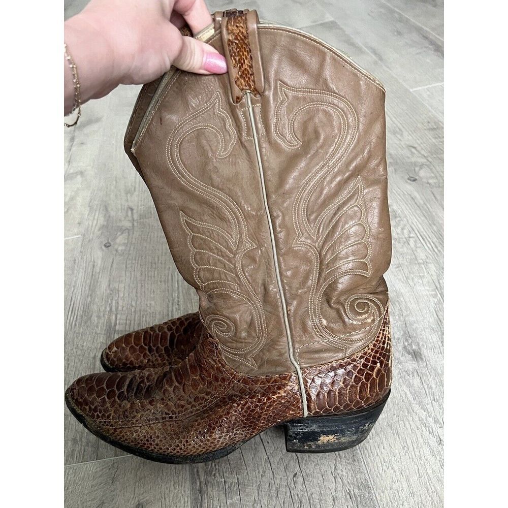 Vintage Larry Mahans Western Boots Tan Leather Snakeskin Cowboy Size 11E